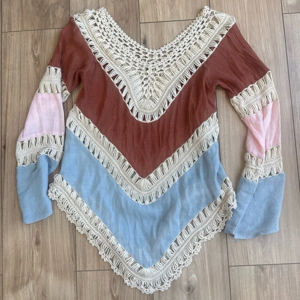 Beautiful Sz S Boho Hippie Crochet Gauzy Striped V-Neck Long Sleeve Top Coverup - Picture 3 of 10